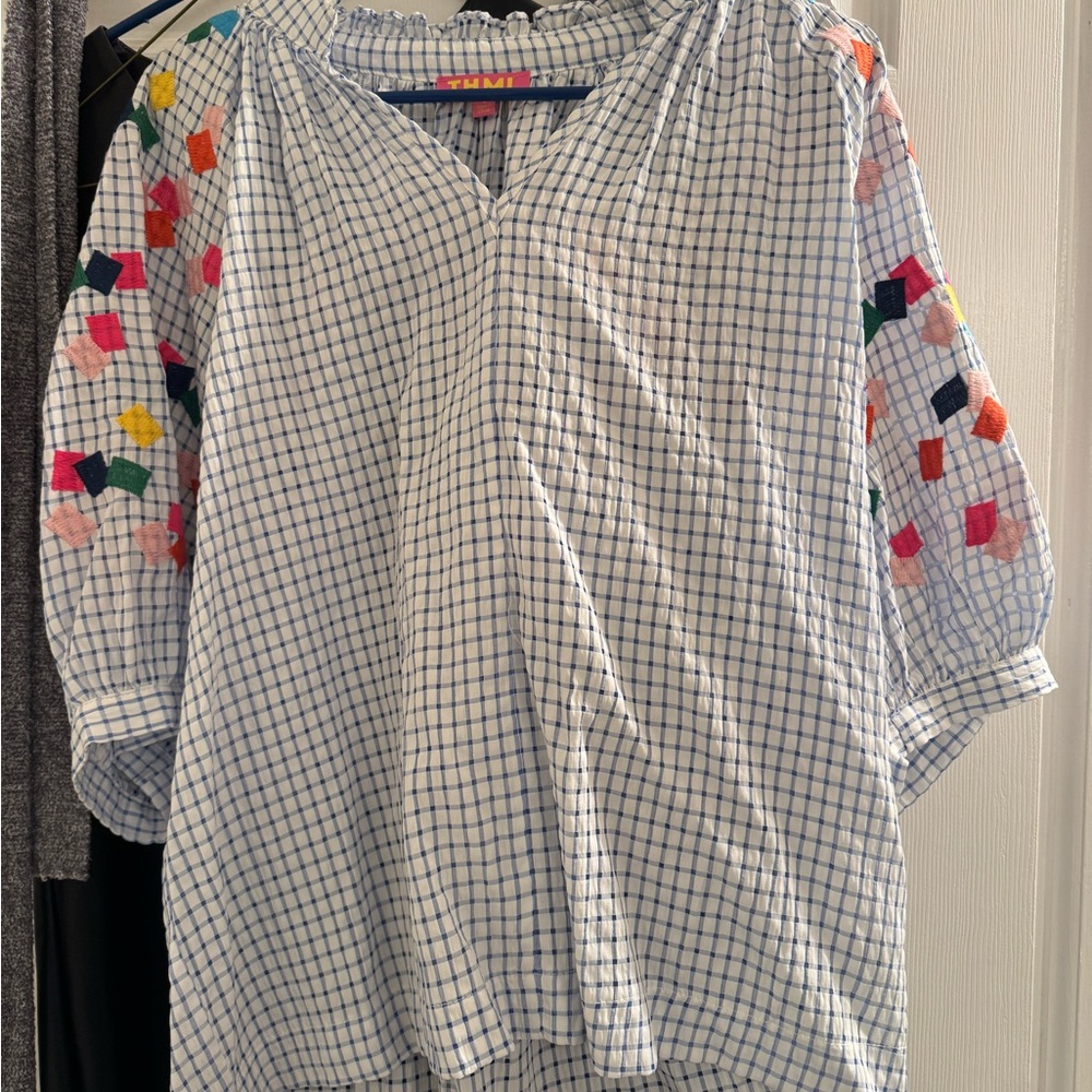 THML Blue and White Checkered Blouse with Embroidery